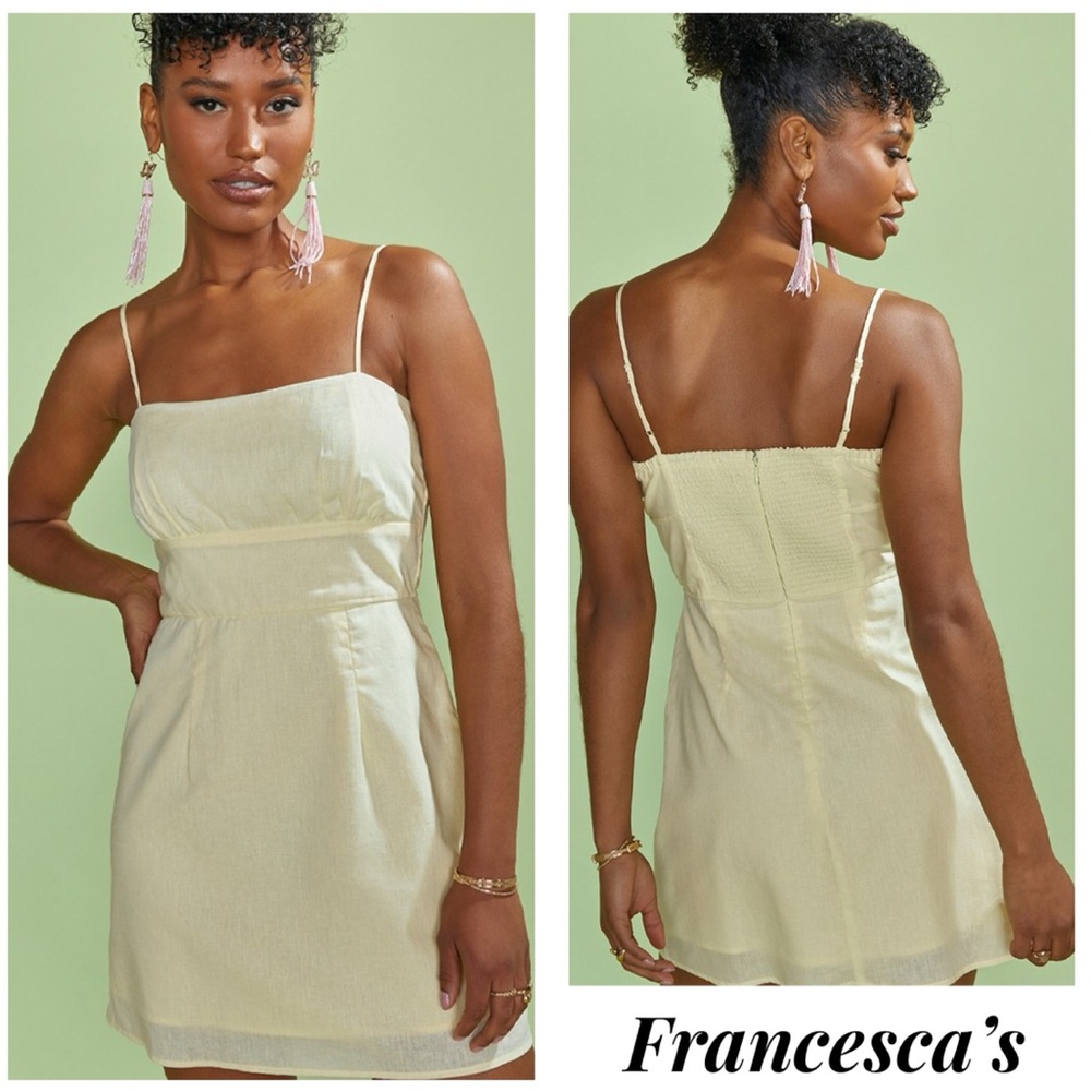 New Francesca’s Camille Square Neck Yellow Linen Mini Dress - Picture 2 of 6